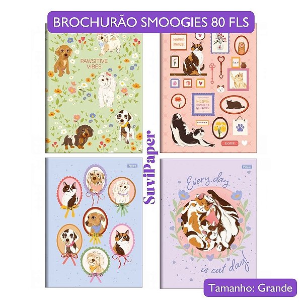 Caderno Brochura Grande Smoogies Pets Cachorro e Gato Modelo 2025 Foroni 80 Folhas