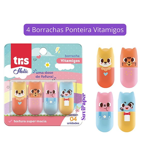 Borracha Ponteira Vitamigos 4 un - Cartela 4 Borrachas Fofas
