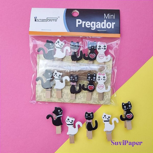 Kit Varal com 10 Prendedores de Gatinhos para Polaroid - Memory Board - Decoração - Varal de Fotos, Anotações