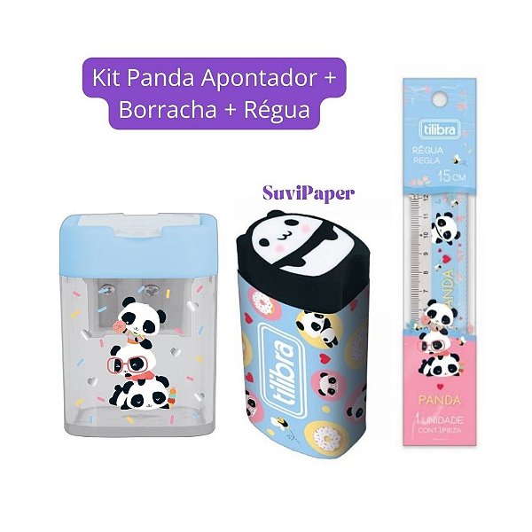 Kit Apontador com Depósito 2 Furos, Borracha e Régua Pequena 15cm Panda Azul- Tilibra