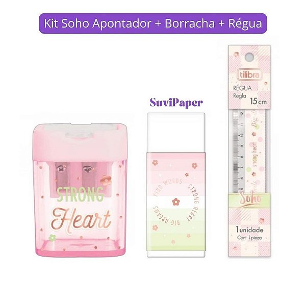 Kit Apontador com Depósito 2 Furos, Borracha e Régua Pequena 15cm Soho Rosa - Tilibra