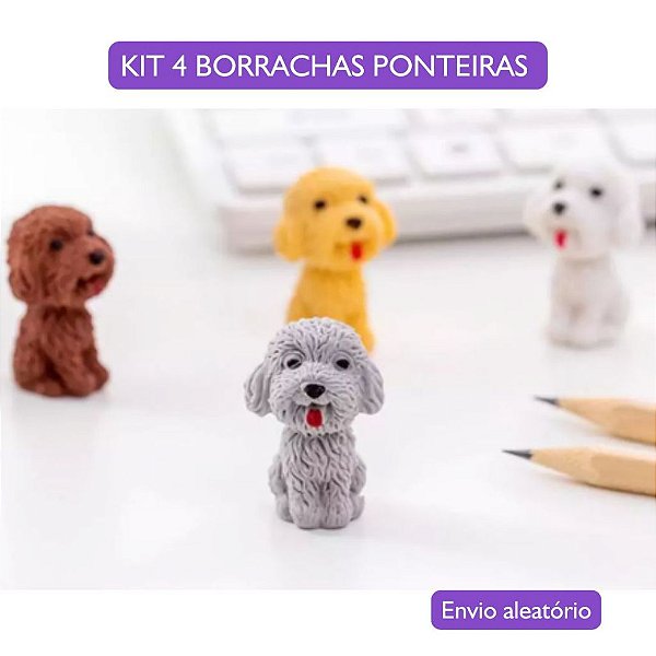 Kit com 4 Borrachas Ponteira Cachorrinhos Peludos | Buendía - Borracha Fofa, Decorativas, Presenteável,