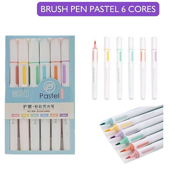 Marca Texto Estilo Brush Pen 6 cores - Tons pastel para Colorir, Destacar e Detalhes