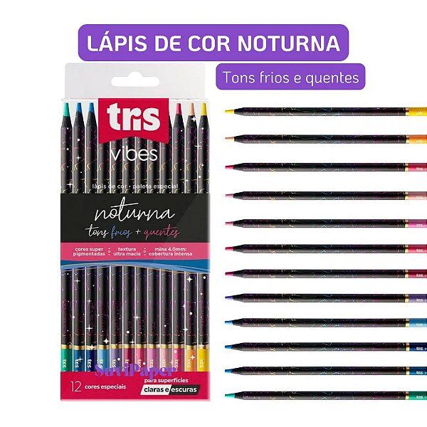 Lápis de Cor Tris Vibes Noturna 12 Cores Tons Frios e Quentes Artístico para Folhas Pretas e Brancas