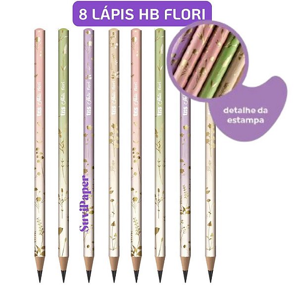 8 Lápis Grafite Tris Fiori Holic Delicata HB Kit 8 Unidades Estampa Floral Degradê