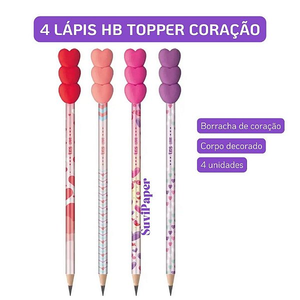 4 Lápis Preto Tris HB com Topper Love Kit 4 Unidades Decorado com Borracha Escrita Escolar Fofa