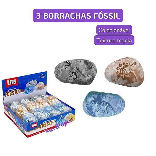 3 Borracha Tris Fóssil Cores Sortidas Kit 3 Unidades Textura Macia Design Dinossauro