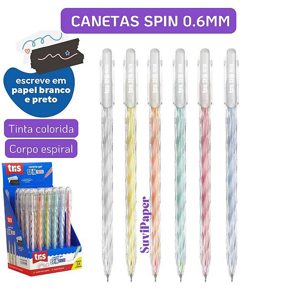 6 Caneta Gel Tris Spin Fresh 0,6 mm – Kit 6 Unidades Cores Pastel Design Espiral Escrita Folha Preta e Branca Premium