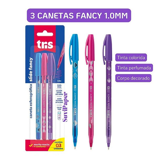 Caneta Esferográfica Tris Slide Fancy 1,0 mm Cartela 3 Unidades Corpo Metalizado Secagem Rápida