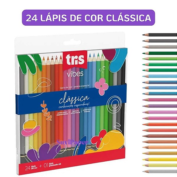 Lápis de Cor Tris Vibes 24 Cores + Lápis 6B Tons Clássicos – Colorir e Desenhar