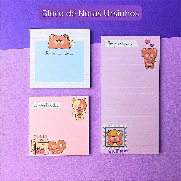 Trio de Bloquinhos com 40 Folhas - Ursinhos Kawaii