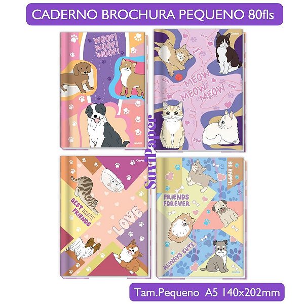 Caderno Brochura Pequeno A5 Pet Fun Credeal Coleção 2026 80 folhas Costurado Infantil Animais Fofos Tamanho 140x202mm