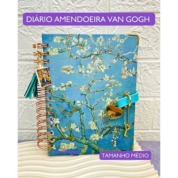 Diário Luxo Wire-o Com Cadeado Amendoeira Van Gogh Folhas Reposicionáveis 100 Folhas Decoradas Tamanho A5 Premium