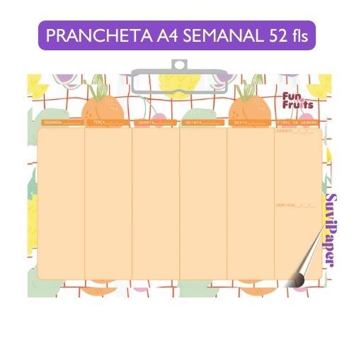 Prancheta Horizontal com Bloco de Planejamento Semanal Fun Fruits - 30x21cm 52 Folhas