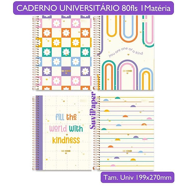 Caderno Universitário Be Kind Cadersil - 1 Matérias, 80 Folhas Coleção Alegre Alto Astral