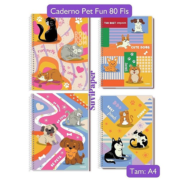 Caderno Universitário Escolar Grande Pet Fun Coleção 2025 1 Matéria 80 Folhas Credeal