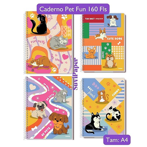 Caderno Universitário Escolar Grande Pet Fun Coleção 2025 10 Matérias 160 Folhas Credeal