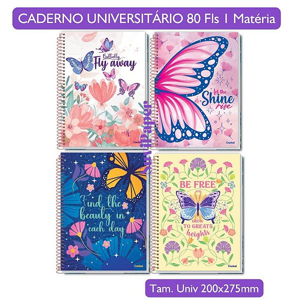 Caderno Universitário Escolar Purpurina - Credeal 1 Matéria 80 Folhas Coleção 2026 - Borboletas Fofo Tamanho 20cmx27,5cm