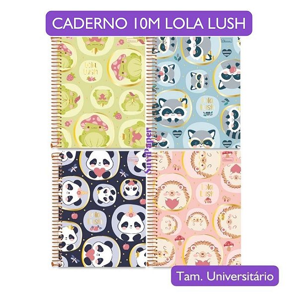 Caderno Universitário Grande 10 MatériaS 160 Folhas Lola Lush Cadersil - Coleção Fofa Animais Tam. 19,9X27Cm