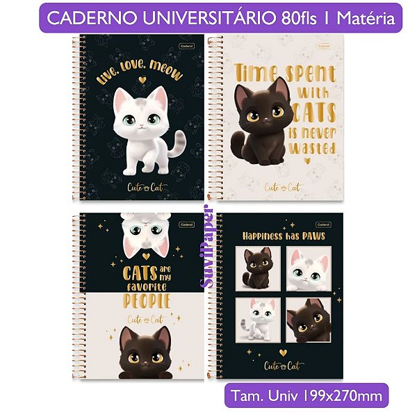 Caderno Universitário Grande 1 Matéria Cute Cat Cadersil - Coleção 2026 Fofa Gato 80 Folhas 19,9X27cm