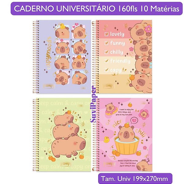 Caderno Universitário Grande 10 Matérias Pampy Capivara Cadersil - Coleção 2026 Fofa 160 Folhas 19,9X27cm