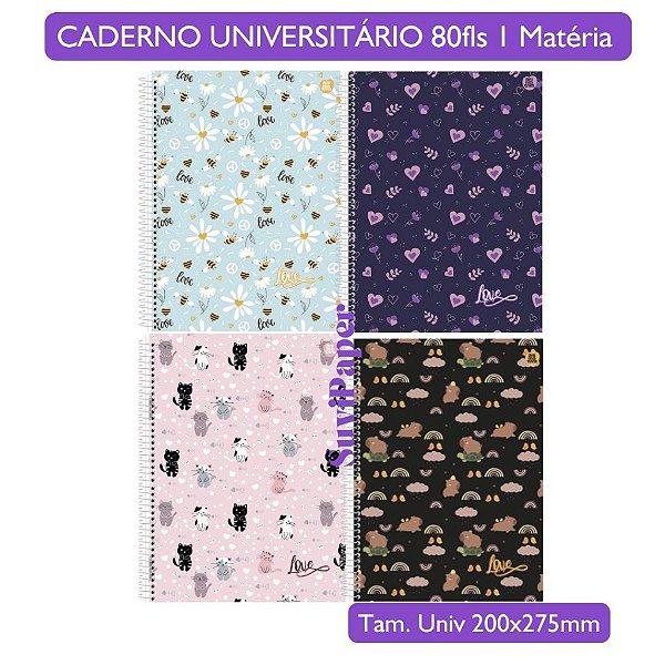 Caderno Universitário Love Animativa Coleção 2026 - 1 Matéria 80 folhas Delicada Diversos Tam. 20x27,5cmm