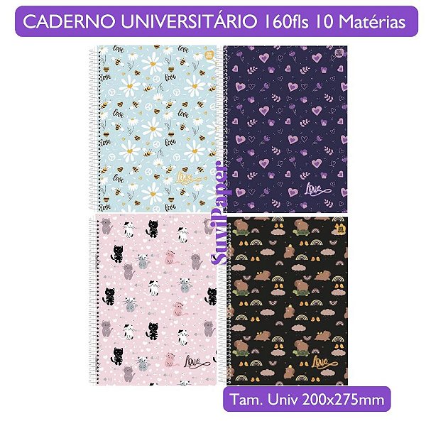 Caderno Universitário Love Animativa Coleção 2026 - 10 Matérias 160 folhas Delicada Diversos Tam. 20x27,5cmm