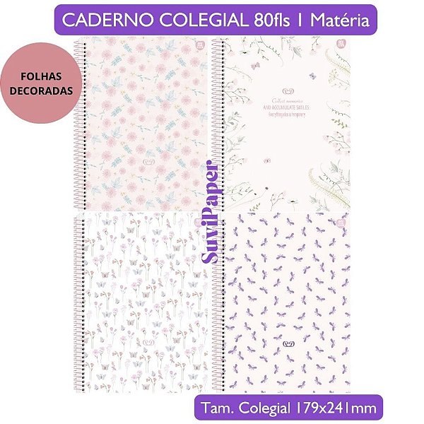 Caderno Colegial Detalhes Animativa Coleção 2026 - 1 Matéria 80 folhas Delicada Romântica Tam. 17,9x24,1cm