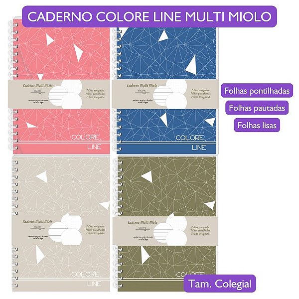 Caderno Colegial Multi-Miolos Colore Line 3B –75 Folhas Capa Dura, Folha Pautada, Lisa e Pontilhada