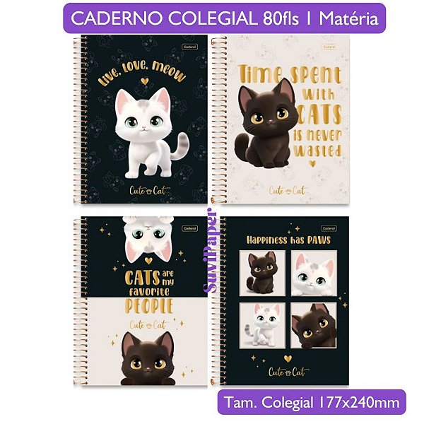 Caderno Colegial 1 Matéria Cute Cat Cadersil - Coleção 2026 Fofa Gato 80 Folhas 17,7x24cm