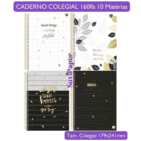 Caderno Colegial Happen 10 Matérias, 160 folhas, Floral Elegante Papelaria Premium