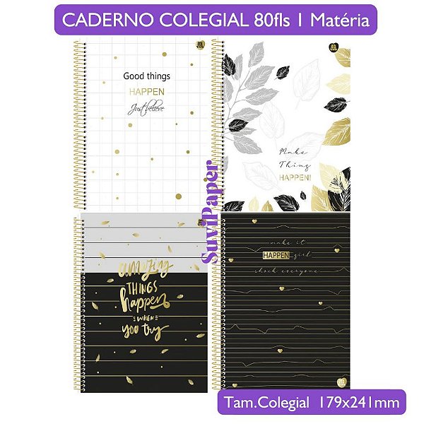 Caderno Colegial Happen– 1 Matérias, 80 folhas, Floral Elegante Papelaria Premium