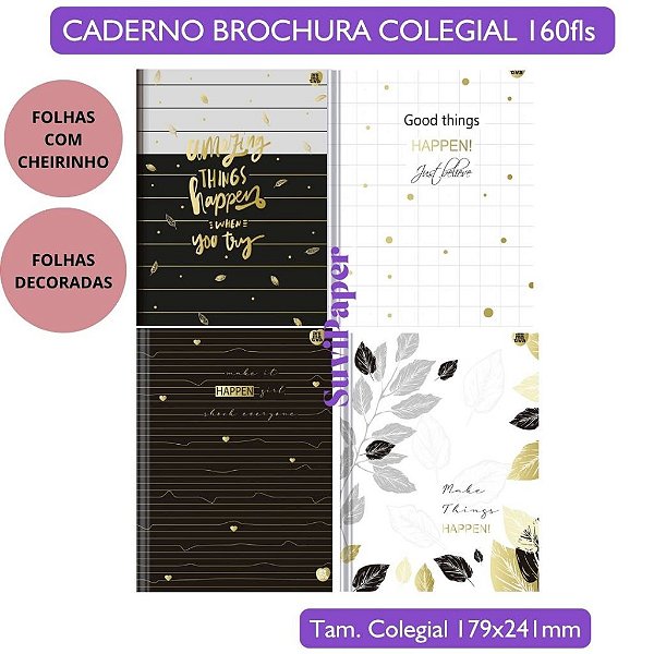 Caderno Colegial Luxo Happen Floral Elegante Perfumado Animativa - 160 folhas Decoradas Papelaria Premium e Presente