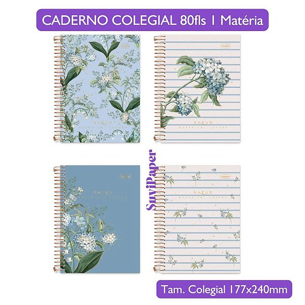 Caderno Colegial Natus Cadersil – 1 Matérias, 80 folhas, Floral Elegante Papelaria Premium