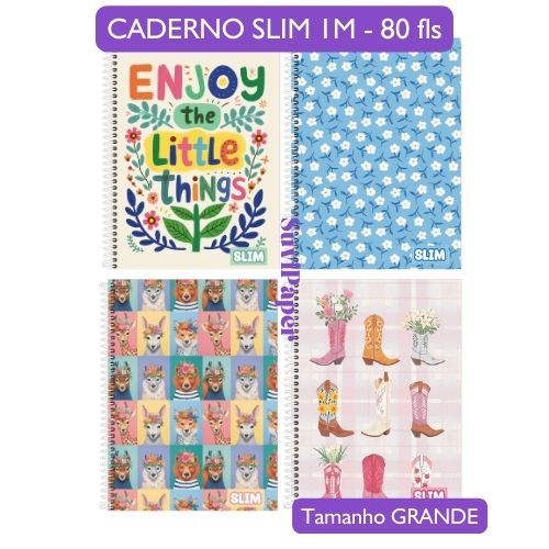 Caderno Universitário GRANDE Slim 1 Matéria 80 folhas 3B - 20x27,5cm - Capa Dura com Adesivos Caderno Escolar