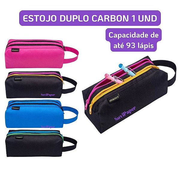 Estojo Escolar Duplo Carbon Léo e Léo – Grande Capacidade até 93 lápis com Alça e 2 Compartimentos