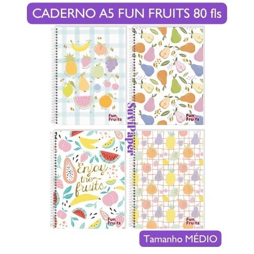 Caderno Espiral Médio 1/4 Fun Fruits 3B - Capa Dura Estampada Caderno de Anotações