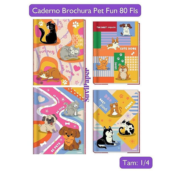 Caderno Brochura 1/4 Pet Fun Coleção 2025 80 Folhas Credeal