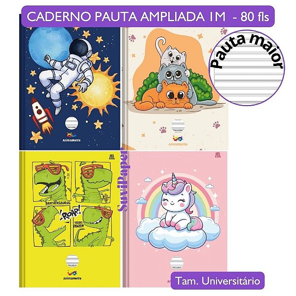 Caderno Brochurão Pauta Ampliada 80 Folhas AnimaMente – Astronauta | Gatos | Dinossauro | Unicórnio