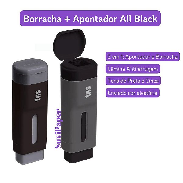 1 Caneta Borracha + Apontador Tris Holic All Black 2 em 1  Elegante e Compacta