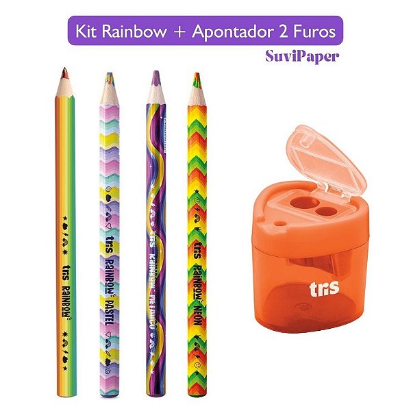 4 Lápis De Cor Jumbo Arco Íris Rainbow Tris + Apontador com Depósito 2 Furos Jumbo Tris