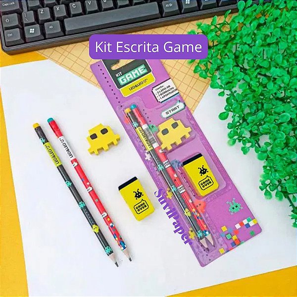 Kit Escolar Game 2 Lápis HB, Apontador e Borracha Cartela Léo e Léo