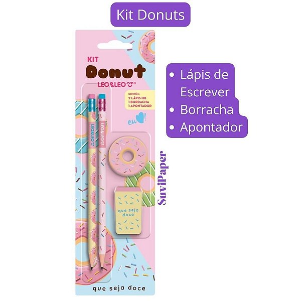 Kit Donuts 2 Lápis HB, Apontador e Borracha Cartela Léo e Léo