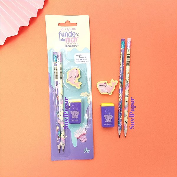 Kit Fundo do Mar com 2 Lápis HB, Apontador e Borracha Cartela Léo e Léo