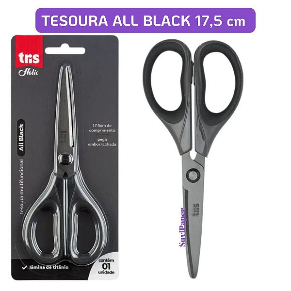 Tesoura Multifuncional Tris Holic All Black Lâmina Titânio 17,5cm Escritório e Escolar