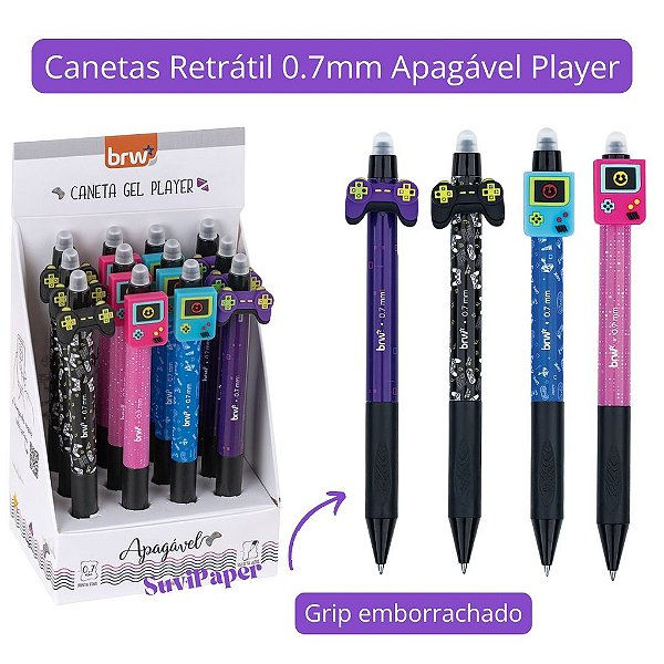 Caneta Esferográfica Gel 0.7mm Apagável Player Game BRW - Tinta Azul