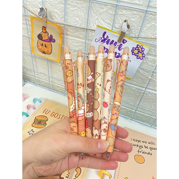 Kit 3 Canetas Apagáveis Capivara Simples Kawaii 0.5mm – Tinta Azul, Estética Fofa e Alta Qualidade