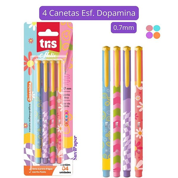 4 Caneta Esf. Dopamina 0.7mm Tinta Colorida - Tris Novidade 2025