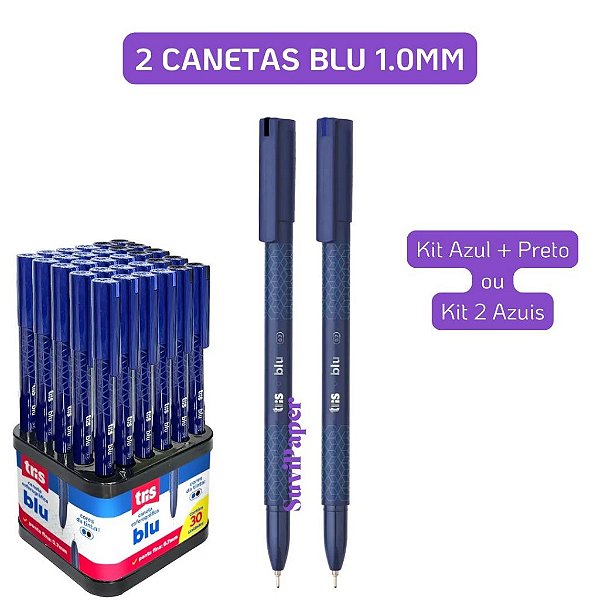 2 Caneta Esferográfica Tris Blu 0,7 mm Kit 2 Unidades Traço Fino Azul/Preto Escritório Escolar