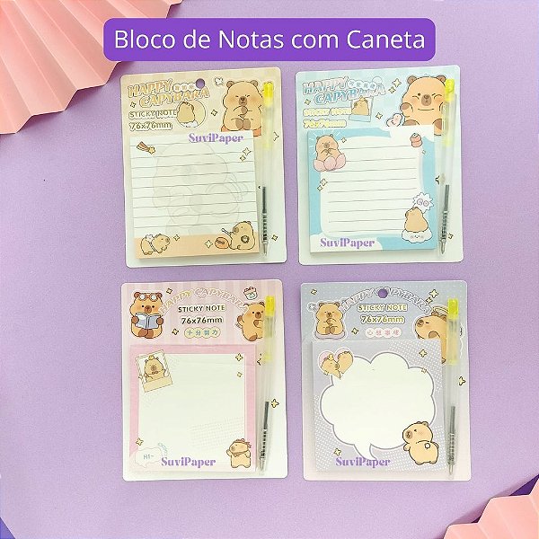 Bloco Adesivo Pequeno Decorado de Capivara 7,6x7,6cm com Caneta Esf. Kawaii